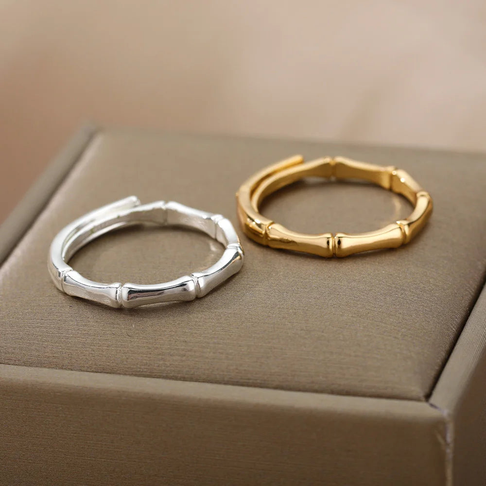 Edelstahl Bambus-Gelenkringe für Damen Herren Silberfarbe Offen Verstellbar Männlich Weiblich Verlobung Ehering Schmuck