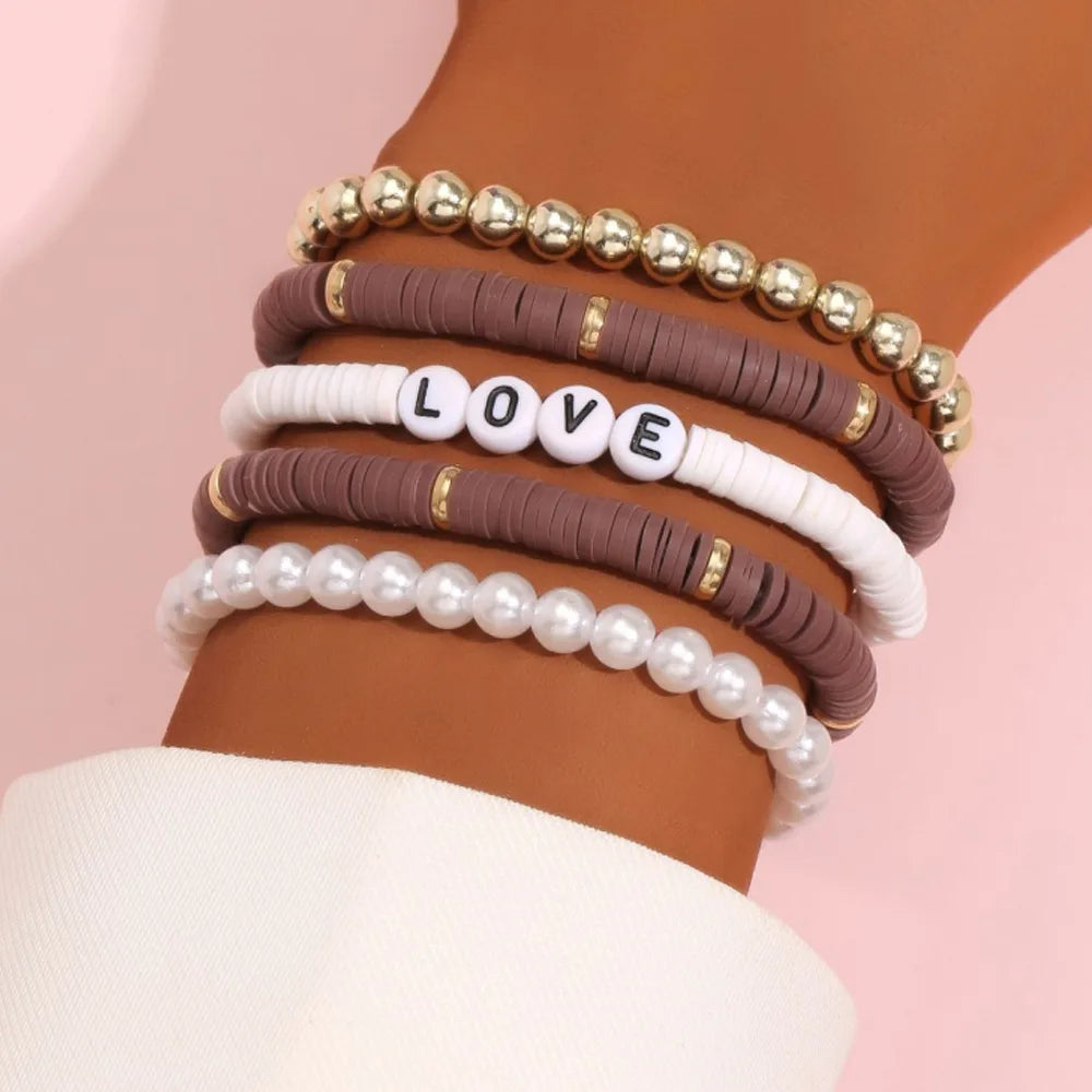 Juego de Pulseras Apilables Arcoíris de Moda para Mujer con Dijes de Corazón, Arcilla Blanda, Cuentas en Capas, Cadena, Brazalete, Joyería Bohemio Femenina