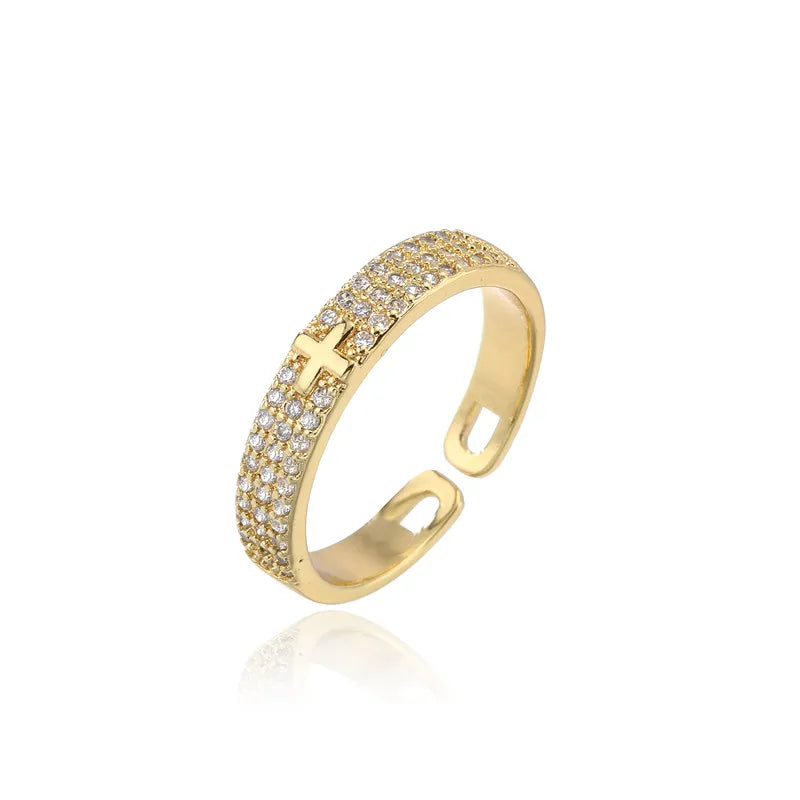 Klassisches Design Bling Bling Kreuzring 2026 Mode Goldfarben CZ Offener Ring Verstellbar Großhandel Christlicher Schmuck Geschenk