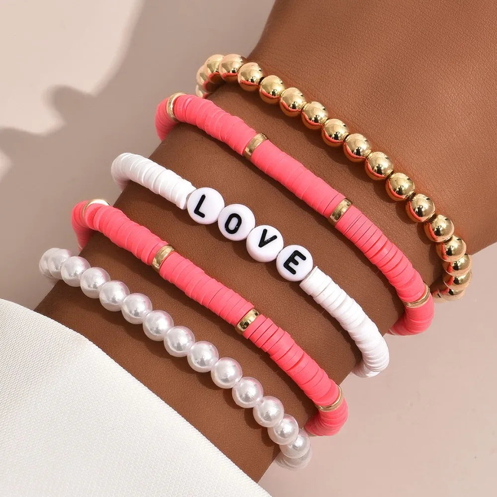 Juego de Pulseras Apilables Arcoíris de Moda para Mujer con Dijes de Corazón, Arcilla Blanda, Cuentas en Capas, Cadena, Brazalete, Joyería Bohemio Femenina