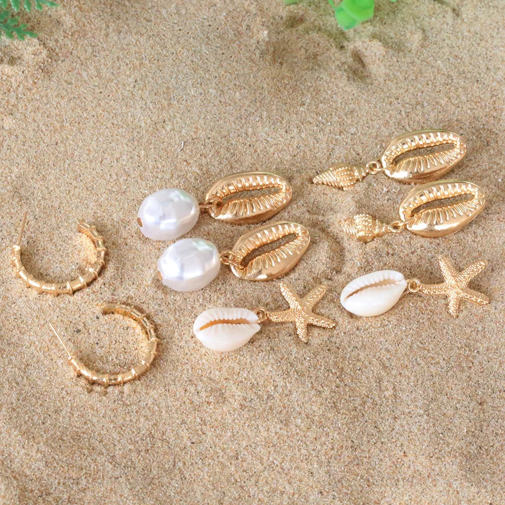 Böhmische Muschel-Seestern-Ohrhänger-Set für Damen, Sommer, Strand, Perlen-Muschel-Ohrringe, Geometrische Ohrringe, Mädchen, Modeschmuck