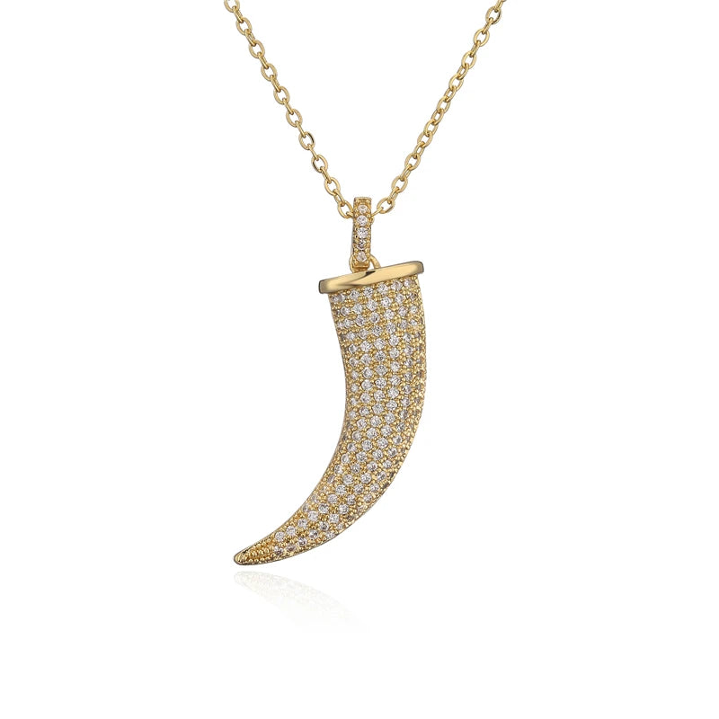 NEWBUY Luxury Full Cubic Zirconia Pave Setting Wolf's fang Pendant Necklace For Women Vintage Bohemian Style Party Jewelry Gift
