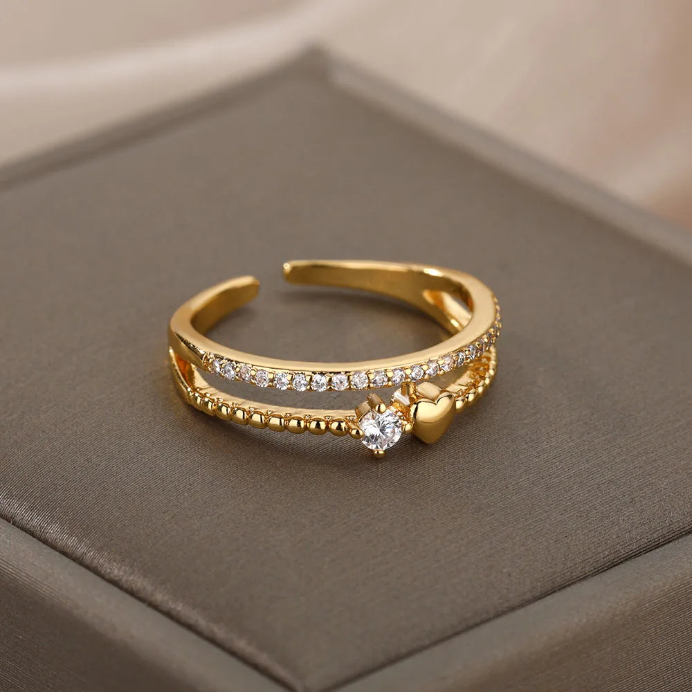 Zirkon Herzringe für Frauen Edelstahl Goldfarbe Doppelherzring Hochzeit Verlobung Schmuck Accessoires Geschenk Bijoux