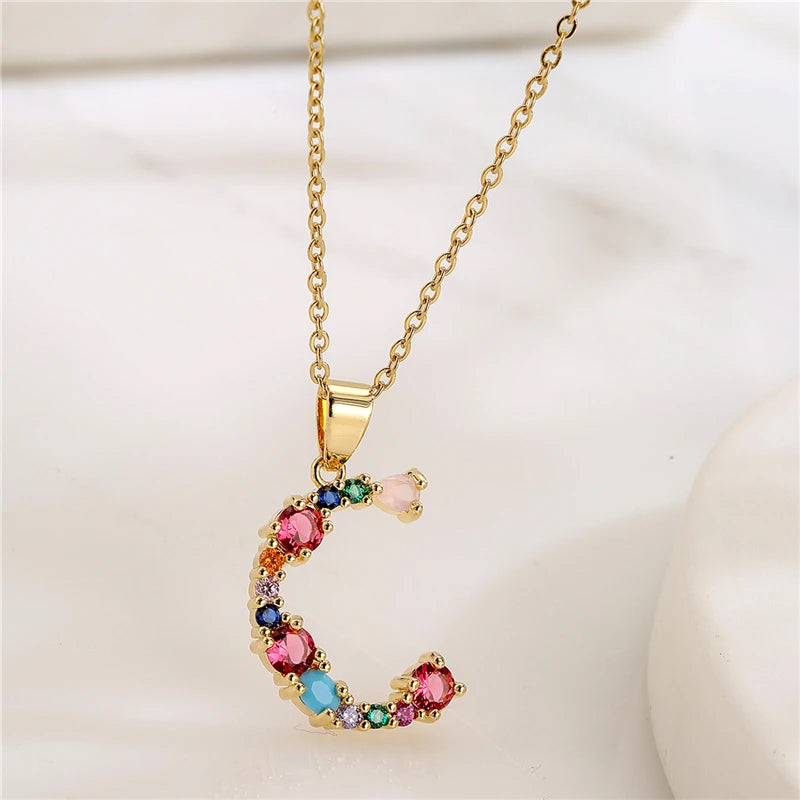 2024 New Hot Colourful Crystal AAA CZ 26 Capital Letters Pendant Necklace For Women Girl Gold Color Copper Initial Name Jewelry