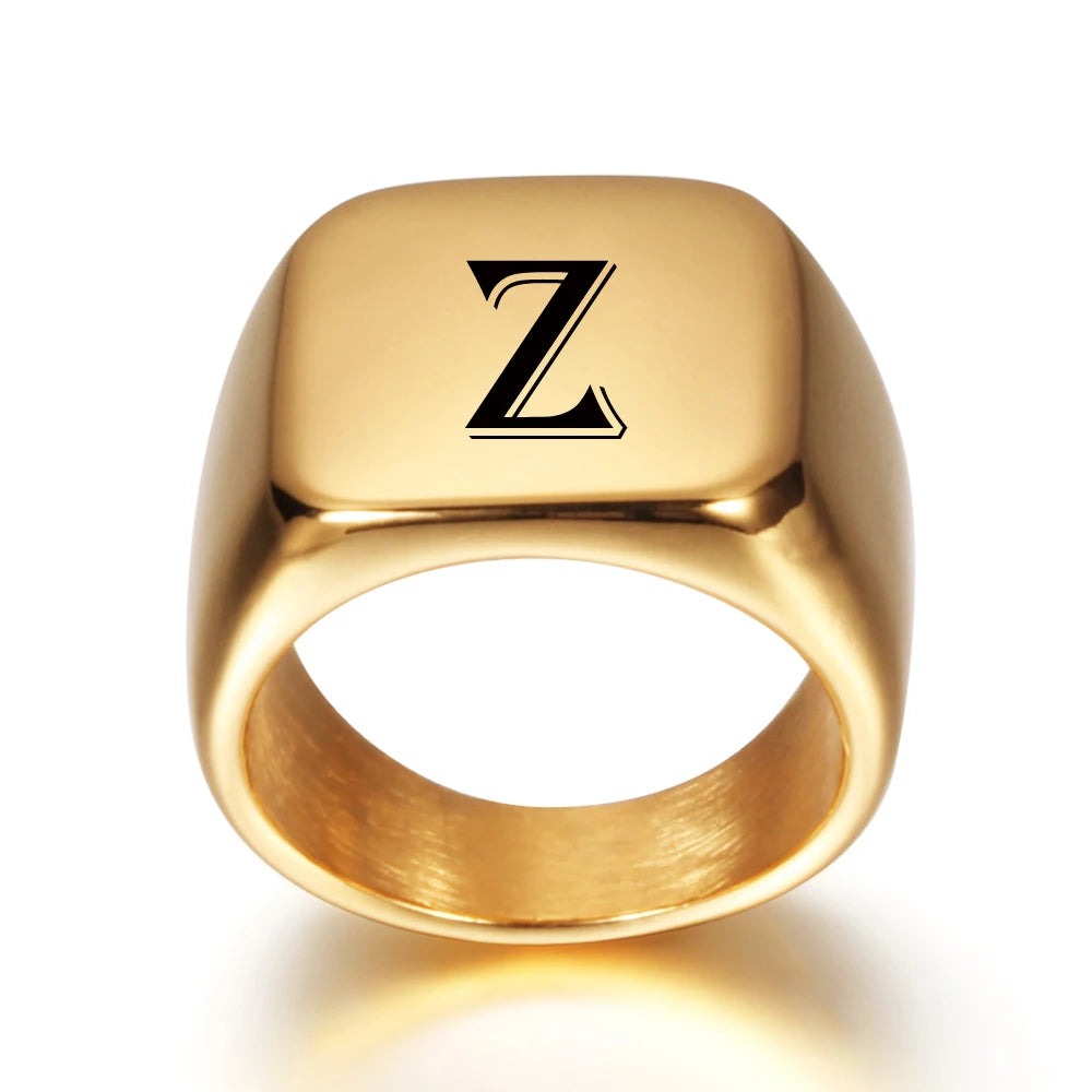 Personalisierter Anfangsbuchstabe Gravur A bis Z Alphabet Edelstahl Siegelring Blanko Glatt Hochglanzpoliert Goldfarben US-Größe