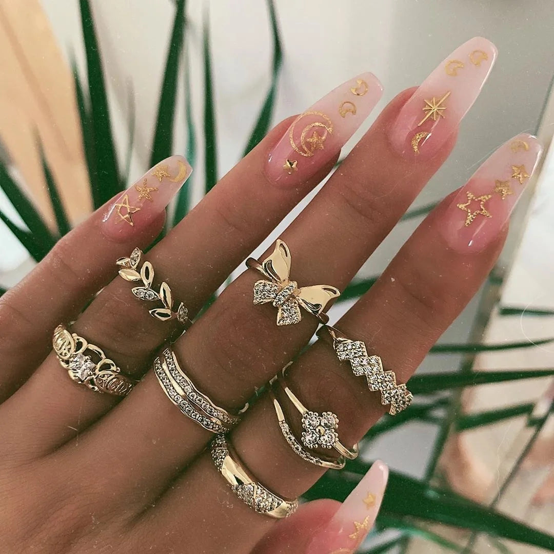Trendiger geometrischer Mond-Knöchel-Fingerringe-Set für Frauen 2021 Böhmischer Kristallstein Damenring Hochzeitsschmuck