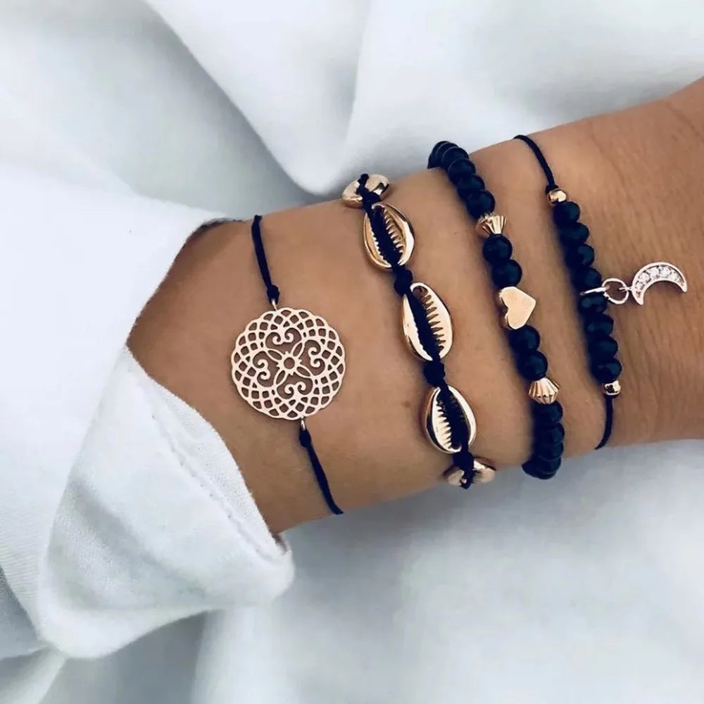 Neues böhmisches schwarzes Seilkettenarmband-Set für Frauen, Flugzeug, Muschel, Mond, Herz, Kristall-Charm-Armreif, Boho-Schmuck