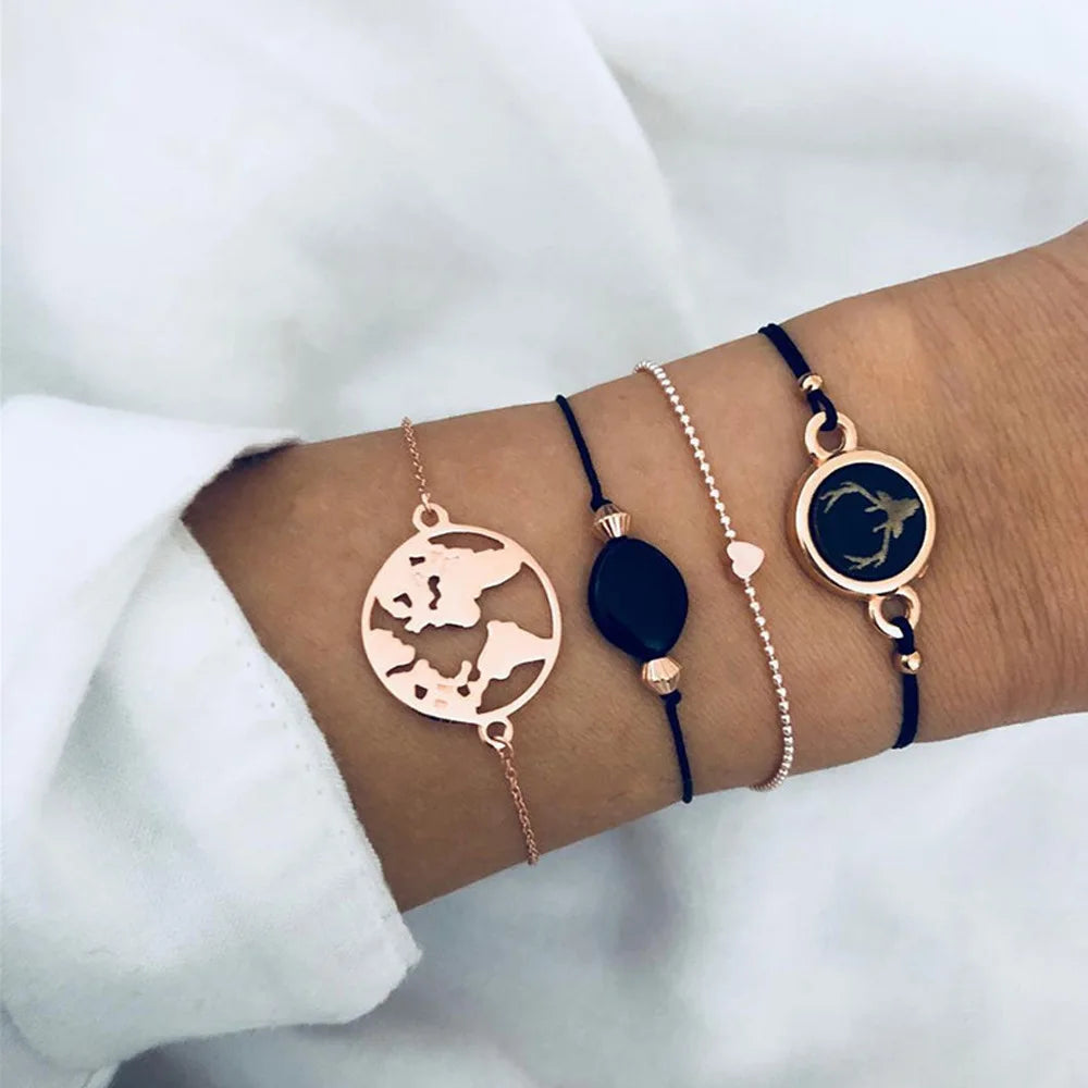 Fashion Geometrischer Stein Anhänger Armband Set Für Frauen Retro Silber Farbe Mond Handgelenk Kette Offener Armreif Dame Trendy Boho Schmuck