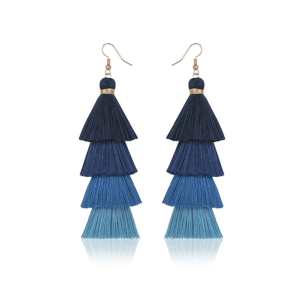 Pendientes de borlas de 4 capas estilo bohemio para mujer, aretes colgantes étnicos largos multicolor, joyería de moda para niñas