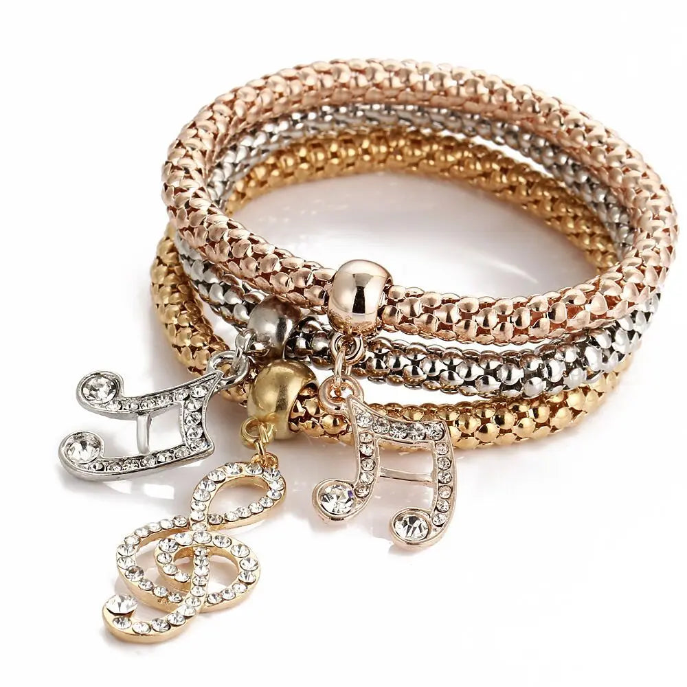 3 Farben/Lot Elastische Armbänder & Armreifen für Damen Kristall Lebensbaum Eule Schlüsselschloss Musiknote Eule Schmetterling Herz Charms Schmuck