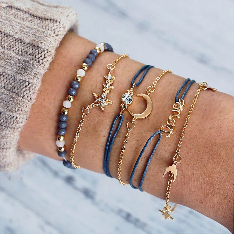 Neues böhmisches schwarzes Seilkettenarmband-Set für Frauen, Flugzeug, Muschel, Mond, Herz, Kristall-Charm-Armreif, Boho-Schmuck