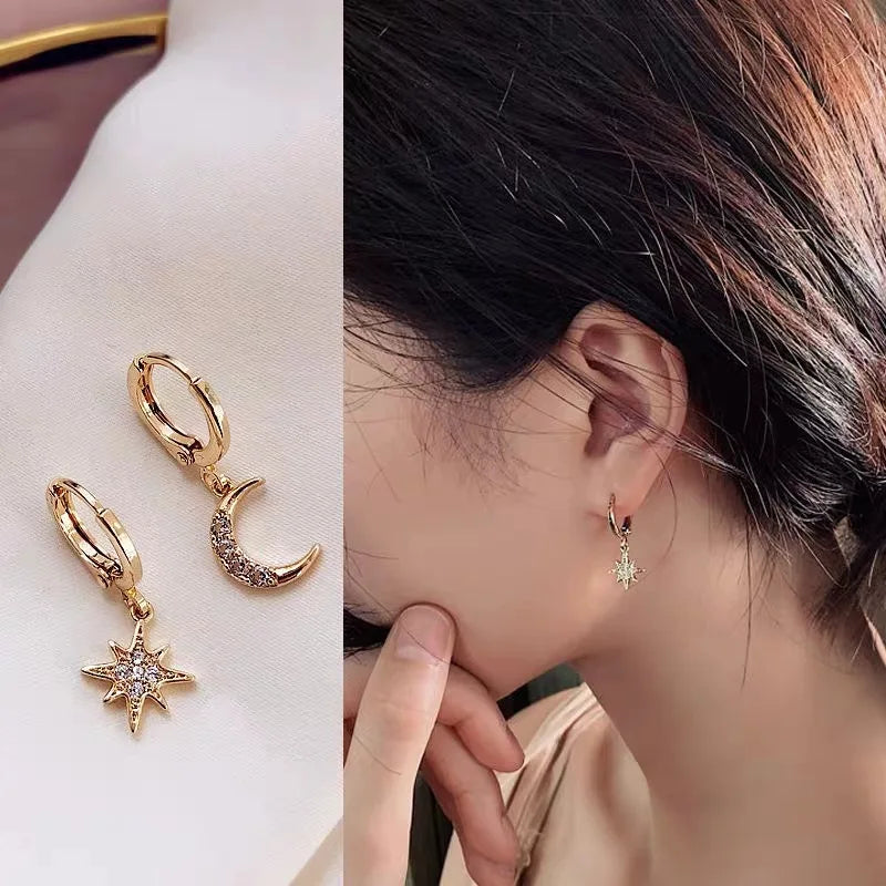 VENTFILLE 925 Sterling CZ Stern Mond Asymmetrische Creolen für Frauen Mädchen Gold Silber Farbe Party Schmuck Geschenke