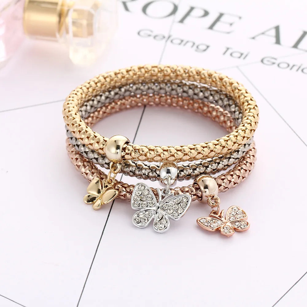 3 Farben/Lot Elastische Armbänder & Armreifen für Damen Kristall Lebensbaum Eule Schlüsselschloss Musiknote Eule Schmetterling Herz Charms Schmuck