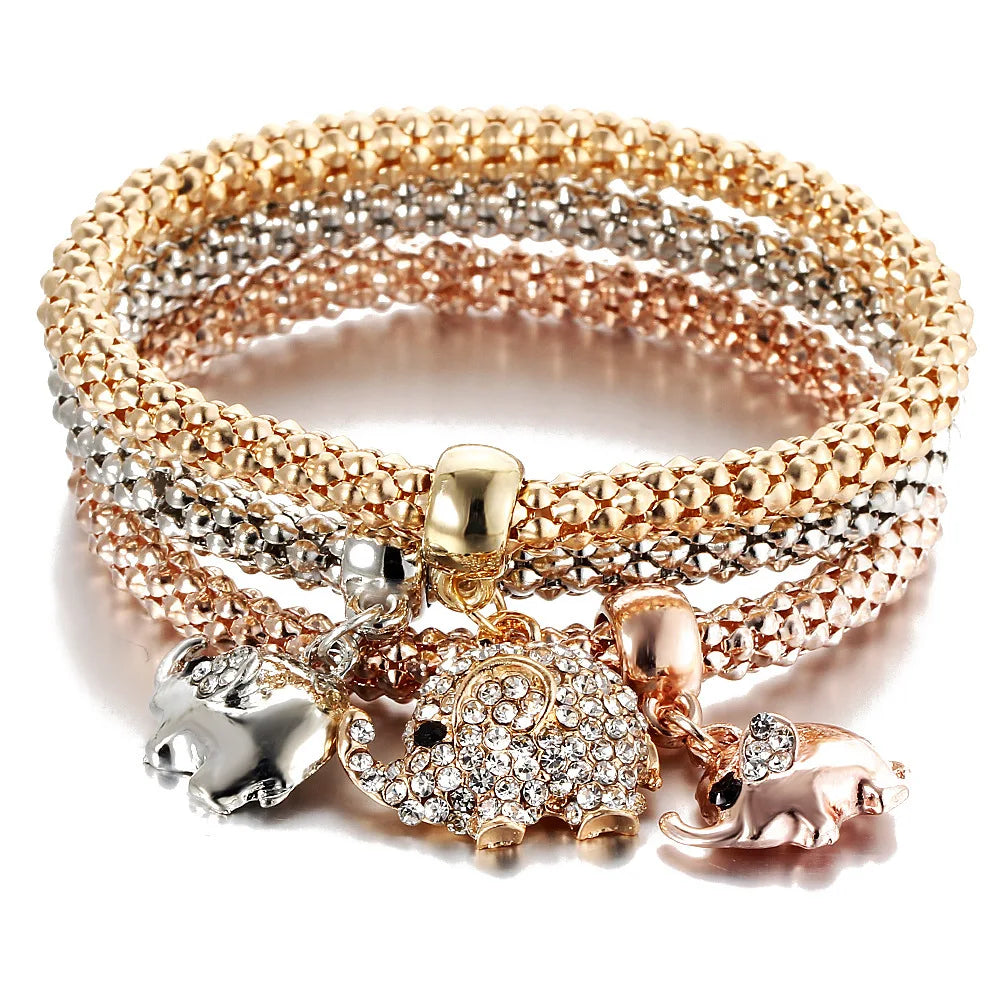 3 Farben/Lot Elastische Armbänder & Armreifen für Damen Kristall Lebensbaum Eule Schlüsselschloss Musiknote Eule Schmetterling Herz Charms Schmuck