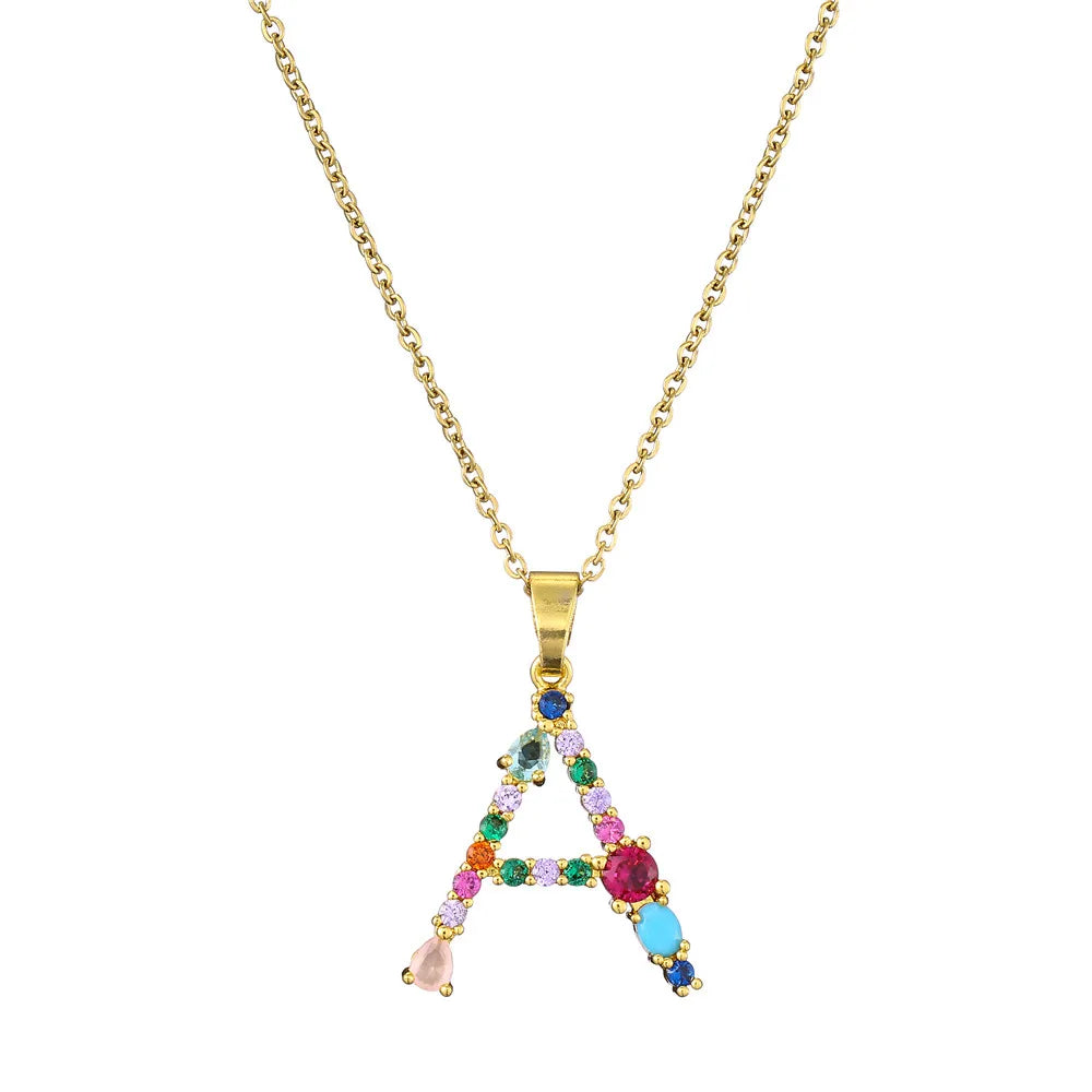 2024 New Hot Colourful Crystal AAA CZ 26 Capital Letters Pendant Necklace For Women Girl Gold Color Copper Initial Name Jewelry