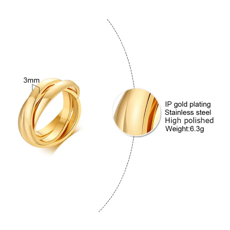 Charm Damenringe Dreifach ineinandergreifender Rolling Ring Edelstahl Goldfarben Weihnachtsschmuck