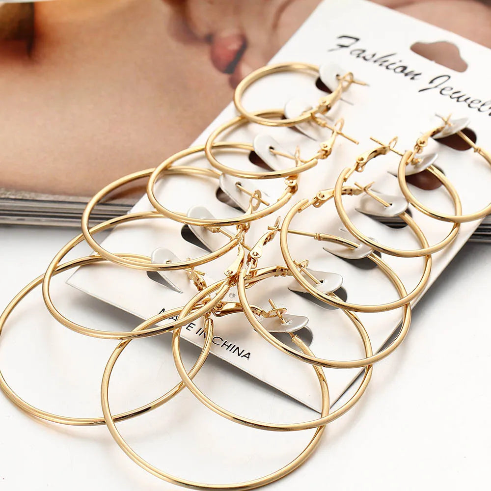 Neu 6 Paar/Set Kreolen Gold Silber Farbe Kleine Große Kreis Ohrringe Set für Damen Simple Punk Ohrklemme 2019 Modeschmuck