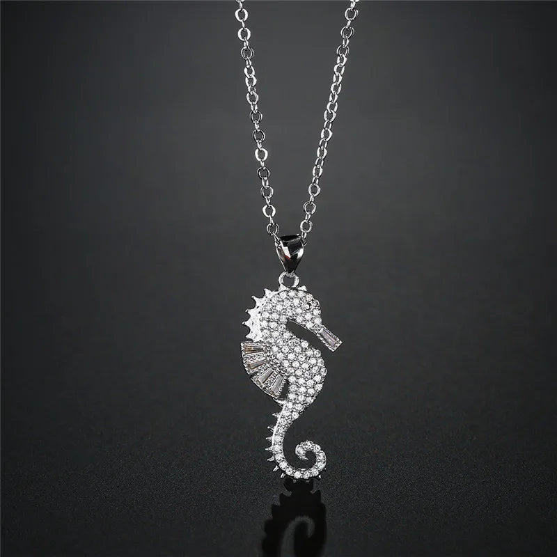 NEWBUY High Quality Copper Seahorse Pendant Necklace For Elegant Women Clear Cubic Zirconia Inlay Female Party Jewelry 4 Colors