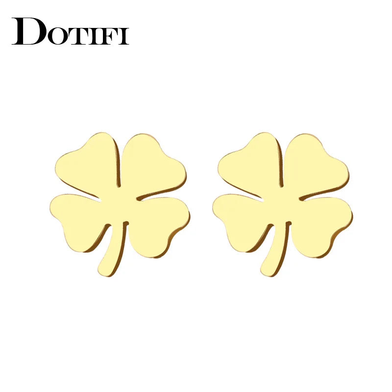 DOTIFI Edelstahl Ohrstecker für Frauen und Männer, Kleeblatt, Goldfarben, Verlobungsschmuck für Paare, Dropshipping