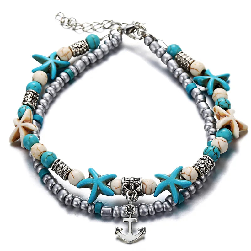 Bohemia Fußkettchen für Damen Muschel Seestern Schildkröte Baum des Lebens Elefant Sandalen Schuhe Barfuß Strand Fußkettchen Fußschmuck