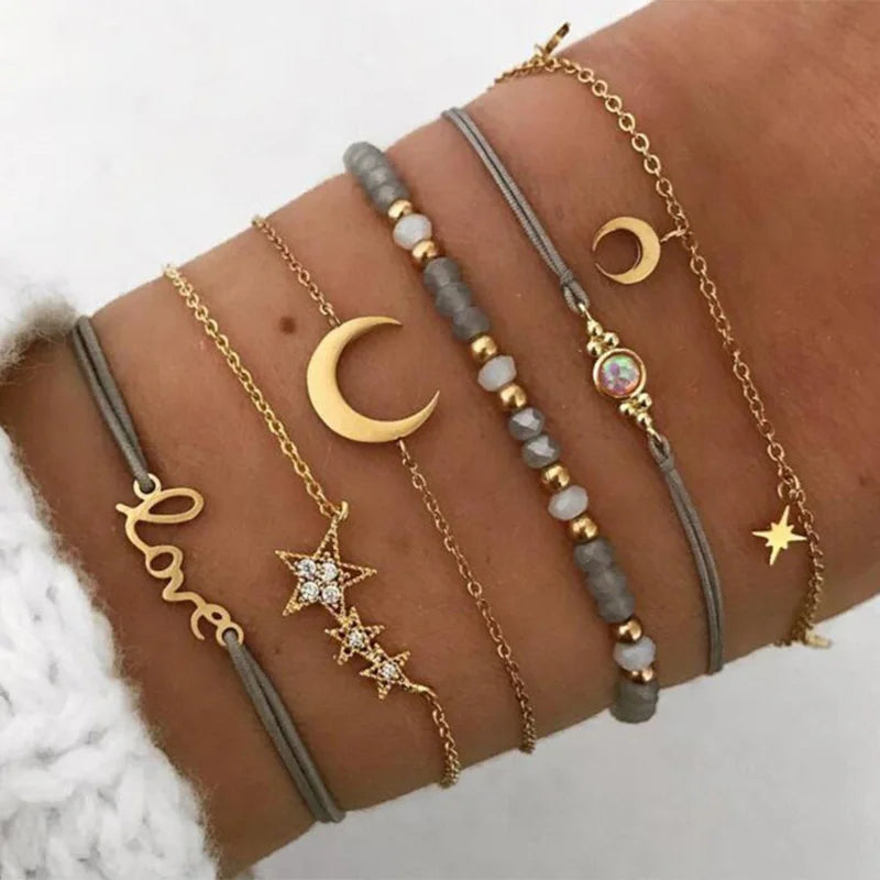 Boho Armreif für Frauen Schildkröte Elefant Herz Muschel Stern Mond Pfeil Karte Kristall Charms Perlen Armband Set Böhmischer Schmuck