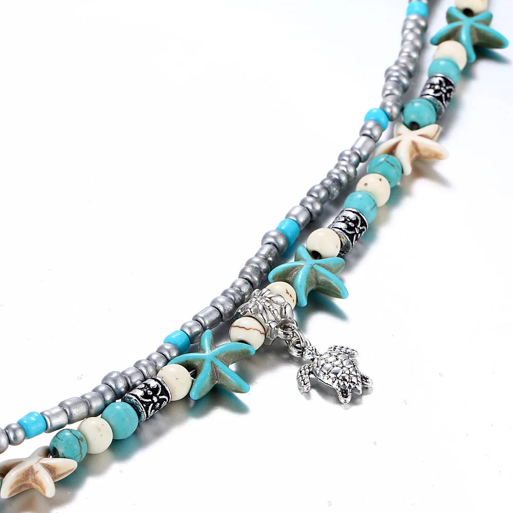 Bohemia Fußkettchen für Damen Muschel Seestern Schildkröte Baum des Lebens Elefant Sandalen Schuhe Barfuß Strand Fußkettchen Fußschmuck