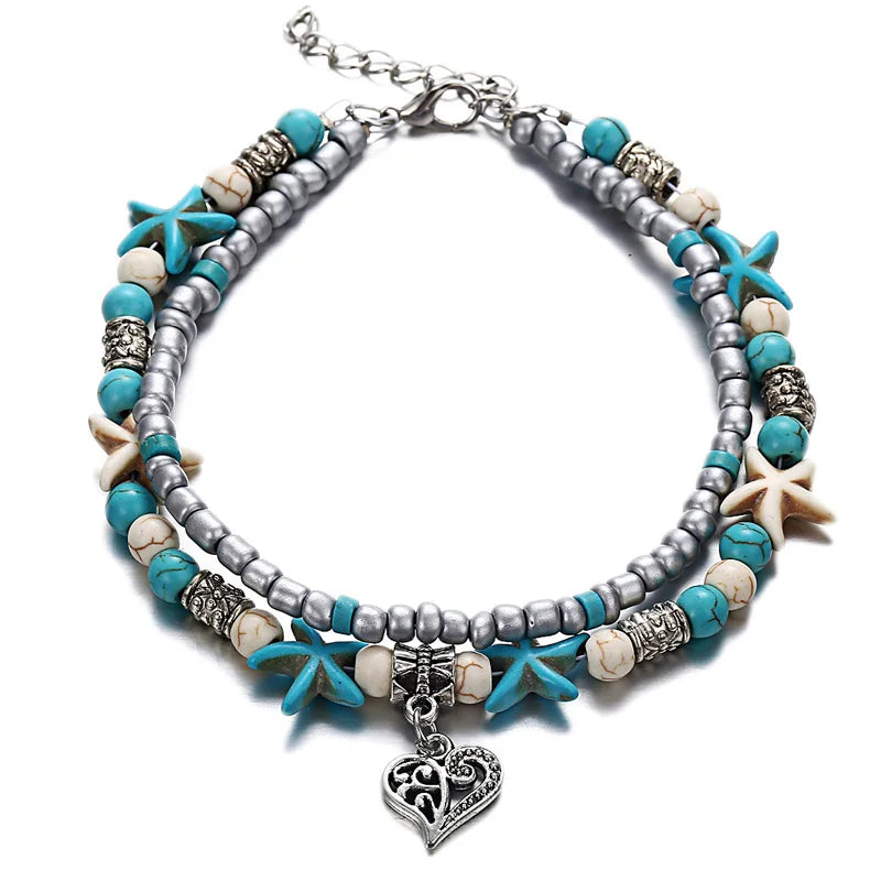 Bohemia Fußkettchen für Damen Muschel Seestern Schildkröte Baum des Lebens Elefant Sandalen Schuhe Barfuß Strand Fußkettchen Fußschmuck