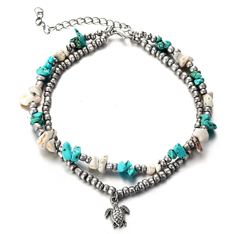 Bohemia Fußkettchen für Damen Muschel Seestern Schildkröte Baum des Lebens Elefant Sandalen Schuhe Barfuß Strand Fußkettchen Fußschmuck