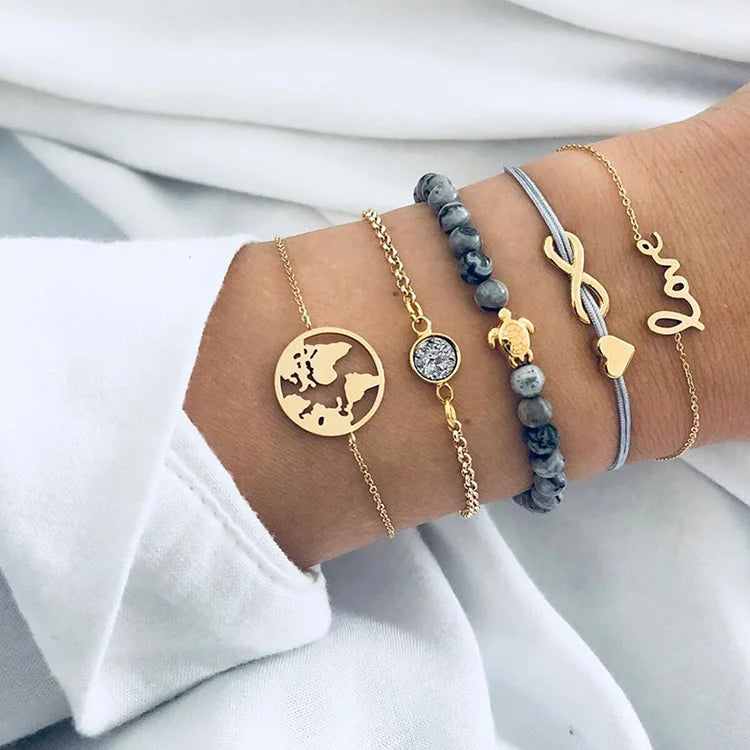 Boho Armreif für Frauen Schildkröte Elefant Herz Muschel Stern Mond Pfeil Karte Kristall Charms Perlen Armband Set Böhmischer Schmuck