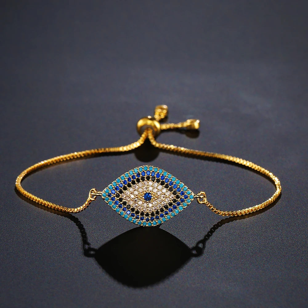 NEWBUY 2026 Trendiges türkisches goldfarbenes Armband mit bösem Blick, verstellbar, AAA-Zirkonia-Pflasterung, Glücksschmuck für Damen, Partygeschenk