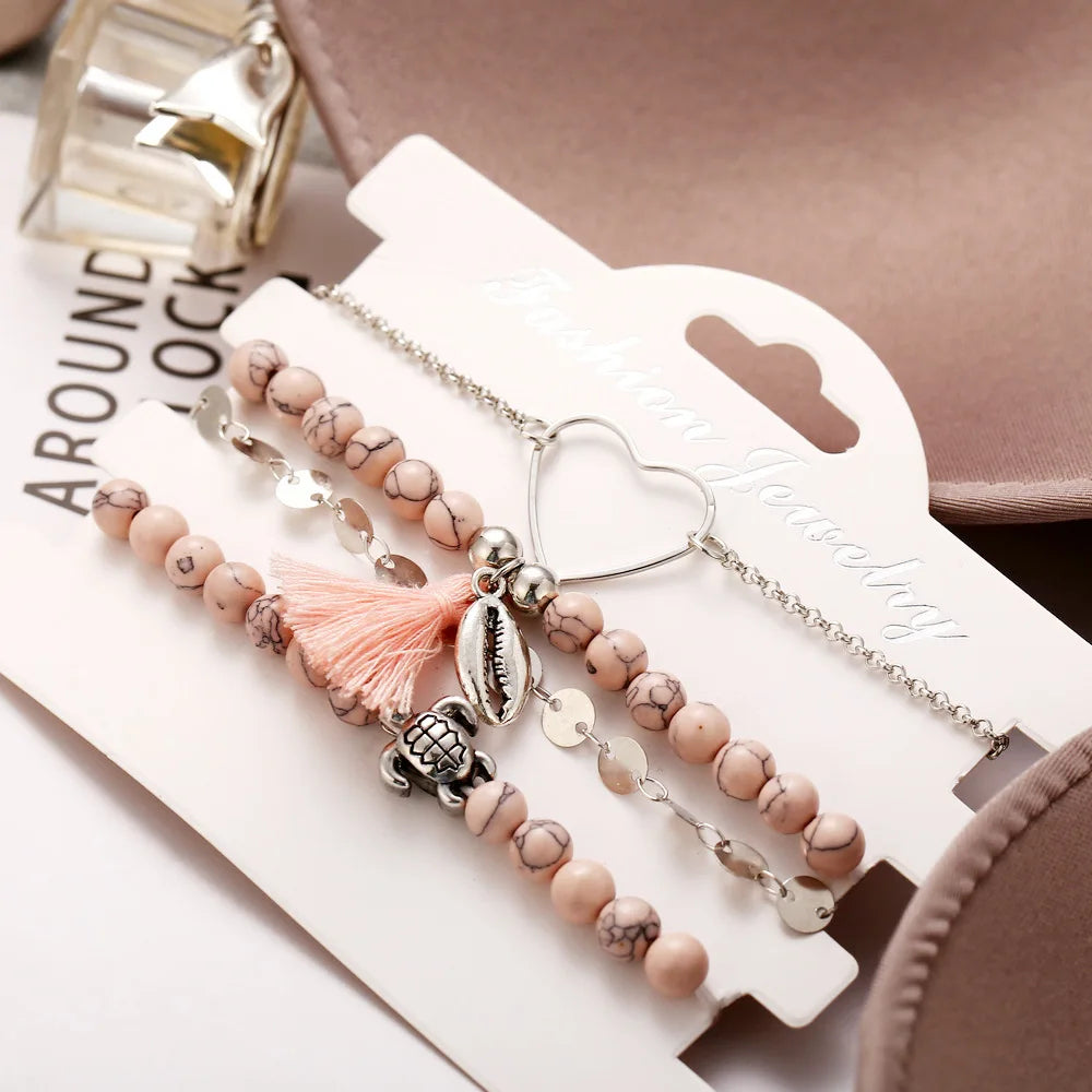 Boho Armreif für Frauen Schildkröte Elefant Herz Muschel Stern Mond Pfeil Karte Kristall Charms Perlen Armband Set Böhmischer Schmuck