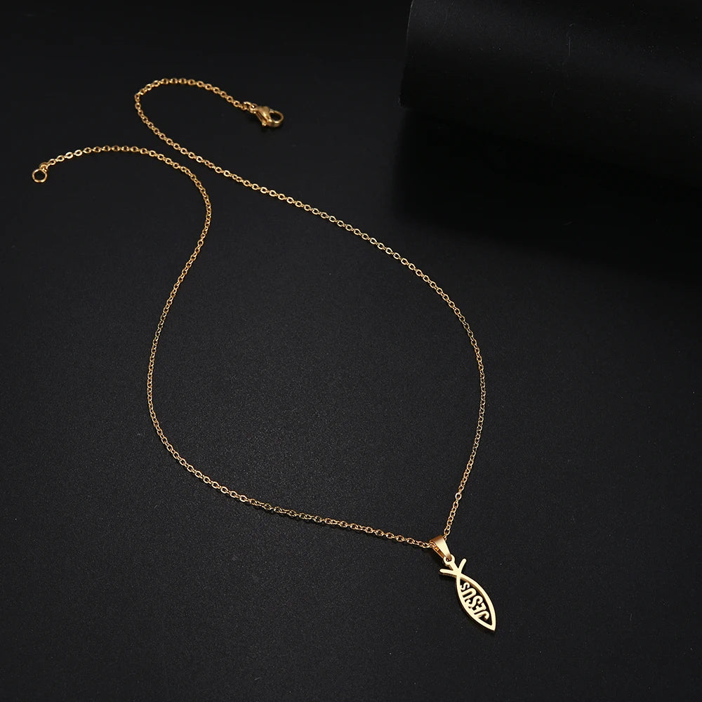 DOTIFI  Stainless Steel Necklace For Women Man Lover's Sharp Jesus Fish Shape Color Pendant Necklace Engagement Jewelry