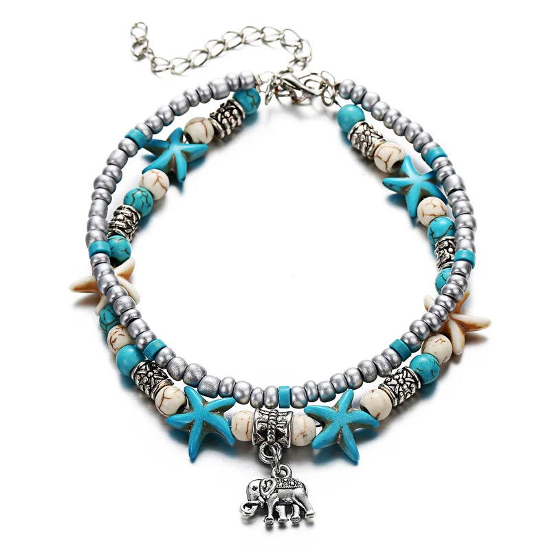 Bohemia Fußkettchen für Damen Muschel Seestern Schildkröte Baum des Lebens Elefant Sandalen Schuhe Barfuß Strand Fußkettchen Fußschmuck