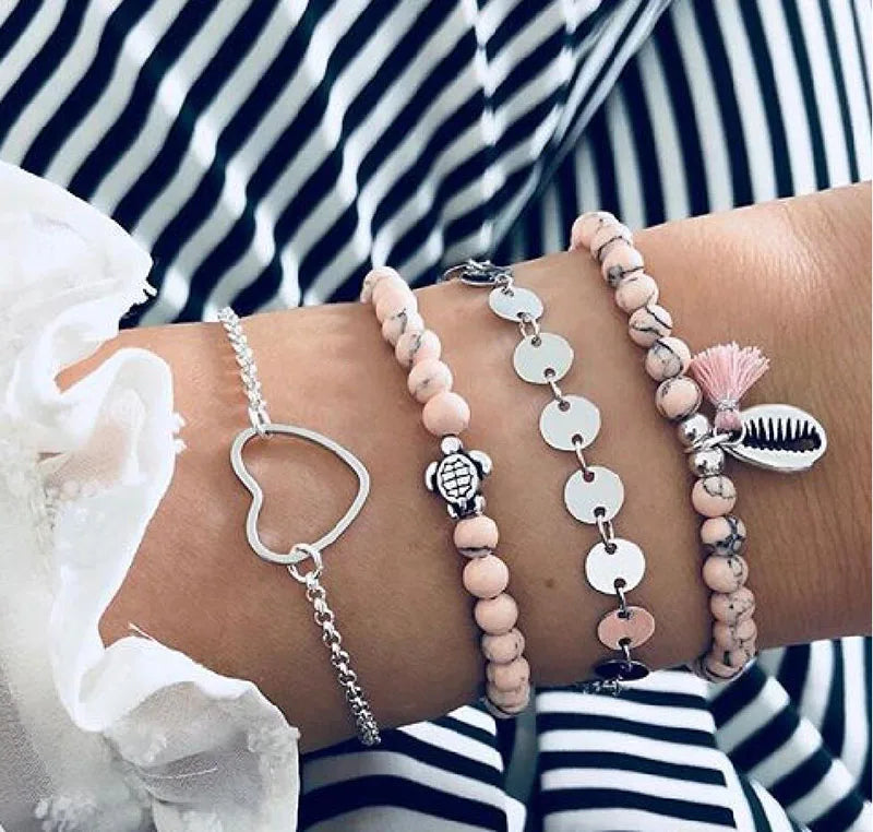 Boho Armreif für Frauen Schildkröte Elefant Herz Muschel Stern Mond Pfeil Karte Kristall Charms Perlen Armband Set Böhmischer Schmuck