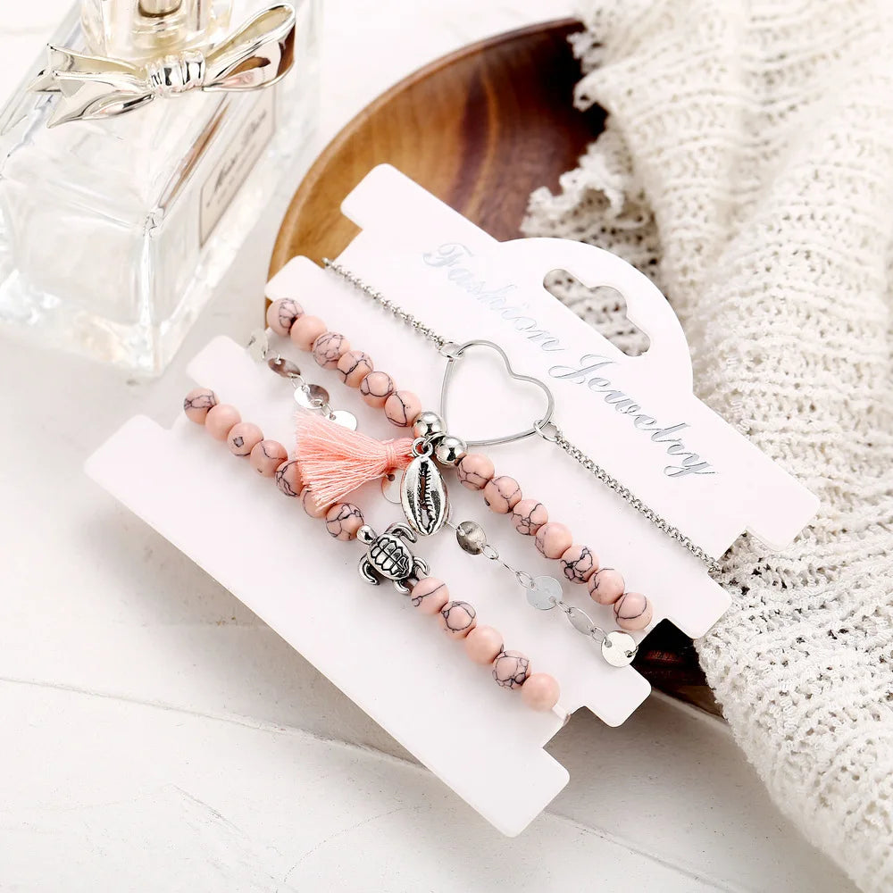 Boho Armreif für Frauen Schildkröte Elefant Herz Muschel Stern Mond Pfeil Karte Kristall Charms Perlen Armband Set Böhmischer Schmuck