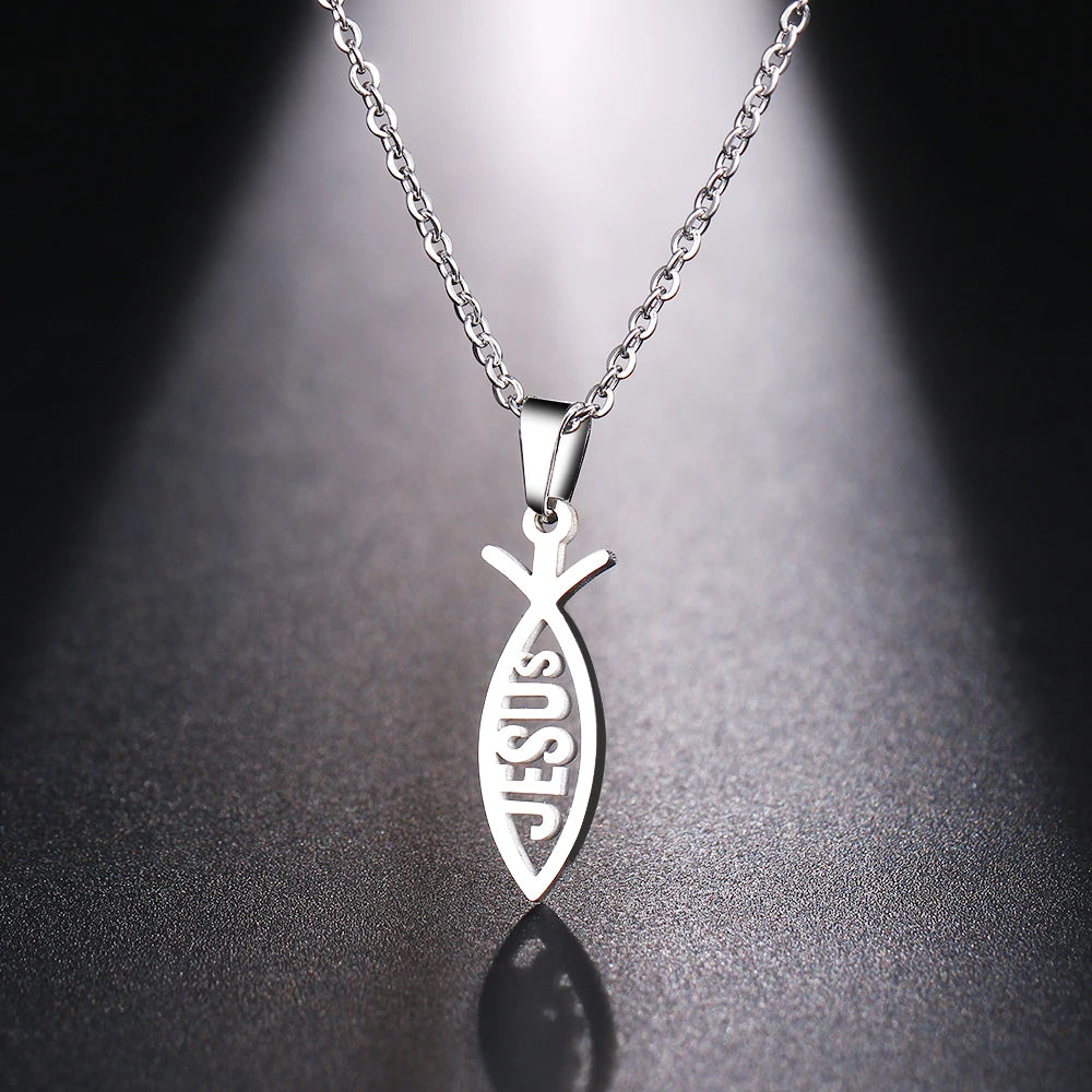 DOTIFI  Stainless Steel Necklace For Women Man Lover's Sharp Jesus Fish Shape Color Pendant Necklace Engagement Jewelry