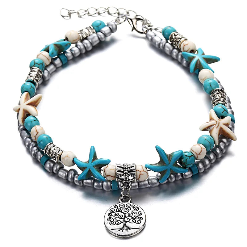 Bohemia Fußkettchen für Damen Muschel Seestern Schildkröte Baum des Lebens Elefant Sandalen Schuhe Barfuß Strand Fußkettchen Fußschmuck