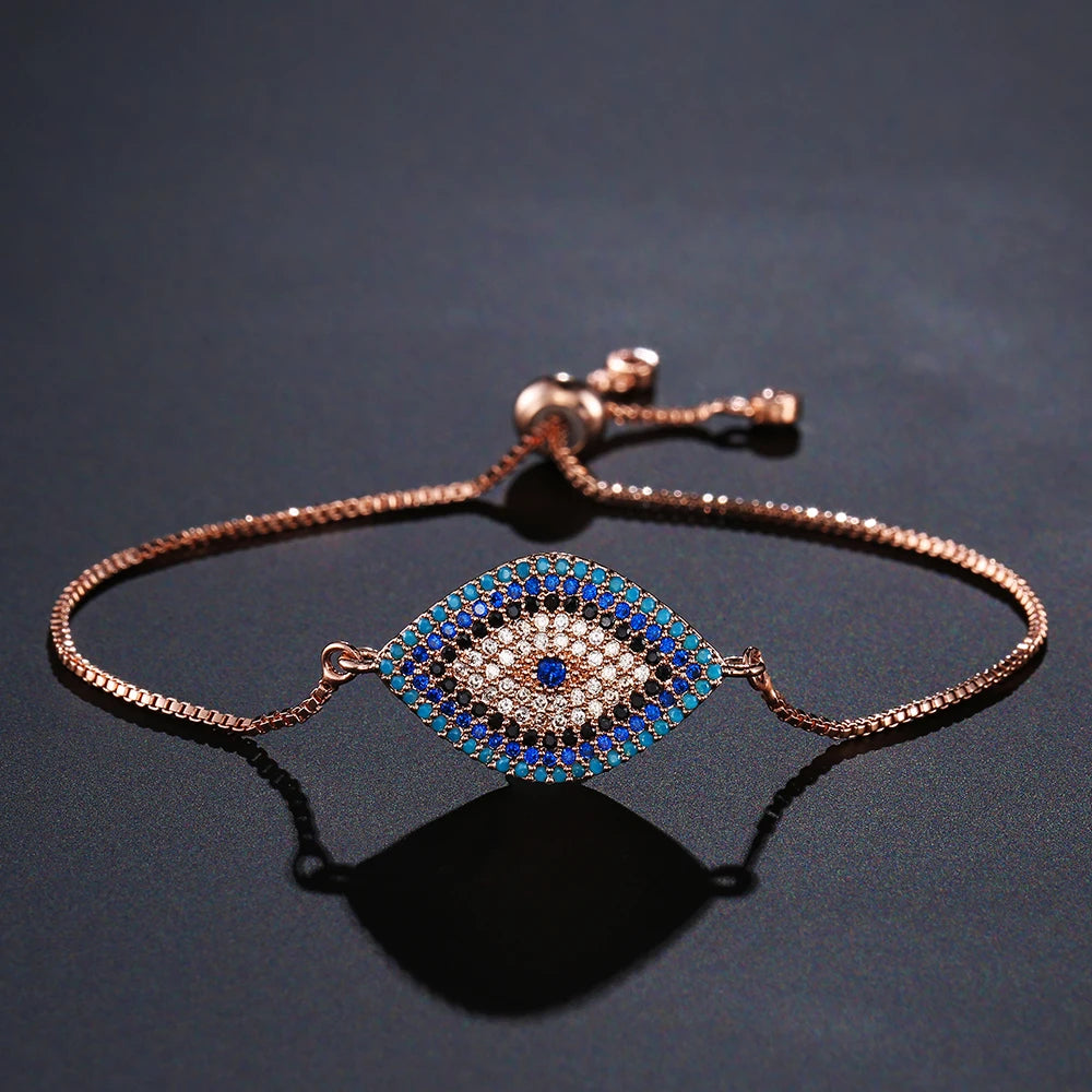 NEWBUY 2026 Trendiges türkisches goldfarbenes Armband mit bösem Blick, verstellbar, AAA-Zirkonia-Pflasterung, Glücksschmuck für Damen, Partygeschenk