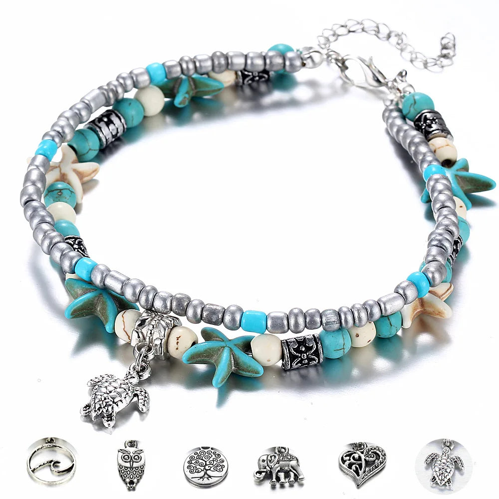 Bohemia Fußkettchen für Damen Muschel Seestern Schildkröte Baum des Lebens Elefant Sandalen Schuhe Barfuß Strand Fußkettchen Fußschmuck
