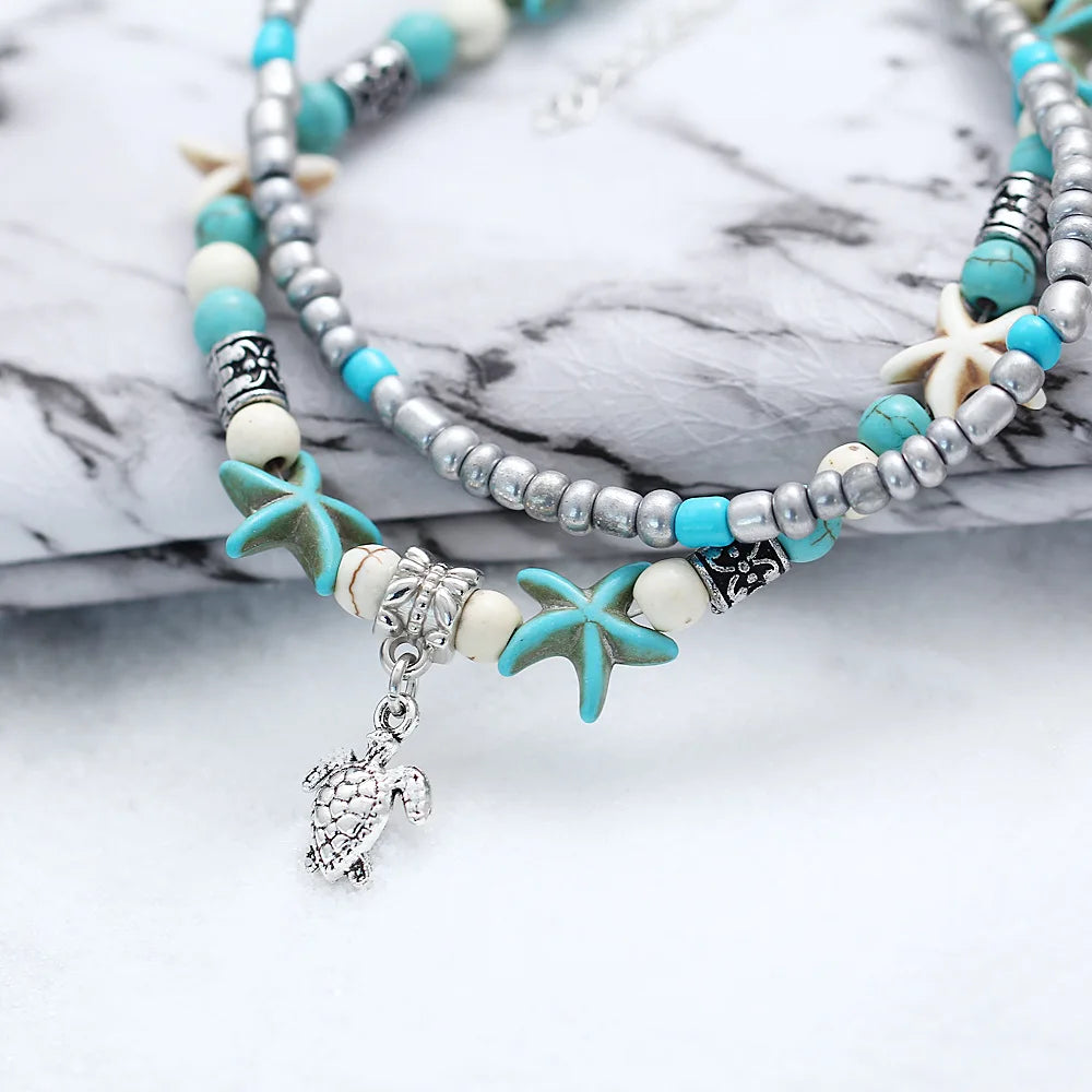 Bohemia Fußkettchen für Damen Muschel Seestern Schildkröte Baum des Lebens Elefant Sandalen Schuhe Barfuß Strand Fußkettchen Fußschmuck