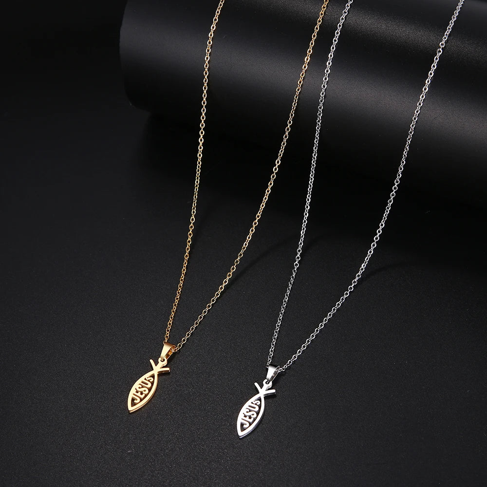 DOTIFI  Stainless Steel Necklace For Women Man Lover's Sharp Jesus Fish Shape Color Pendant Necklace Engagement Jewelry