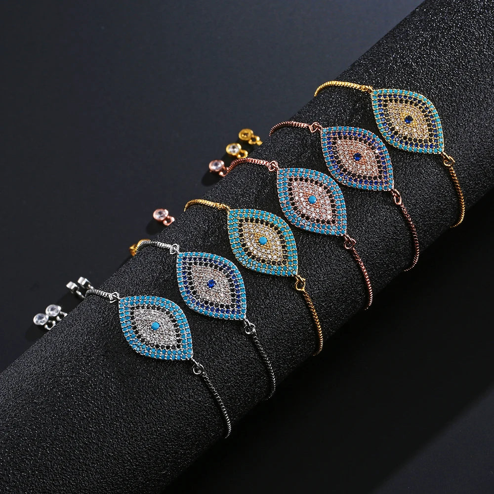 NEWBUY 2026 Trendiges türkisches goldfarbenes Armband mit bösem Blick, verstellbar, AAA-Zirkonia-Pflasterung, Glücksschmuck für Damen, Partygeschenk