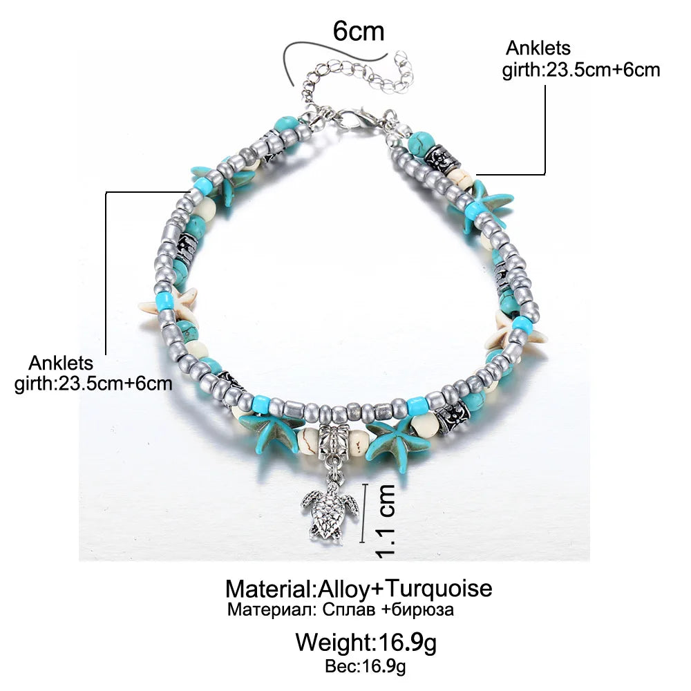 Bohemia Fußkettchen für Damen Muschel Seestern Schildkröte Baum des Lebens Elefant Sandalen Schuhe Barfuß Strand Fußkettchen Fußschmuck
