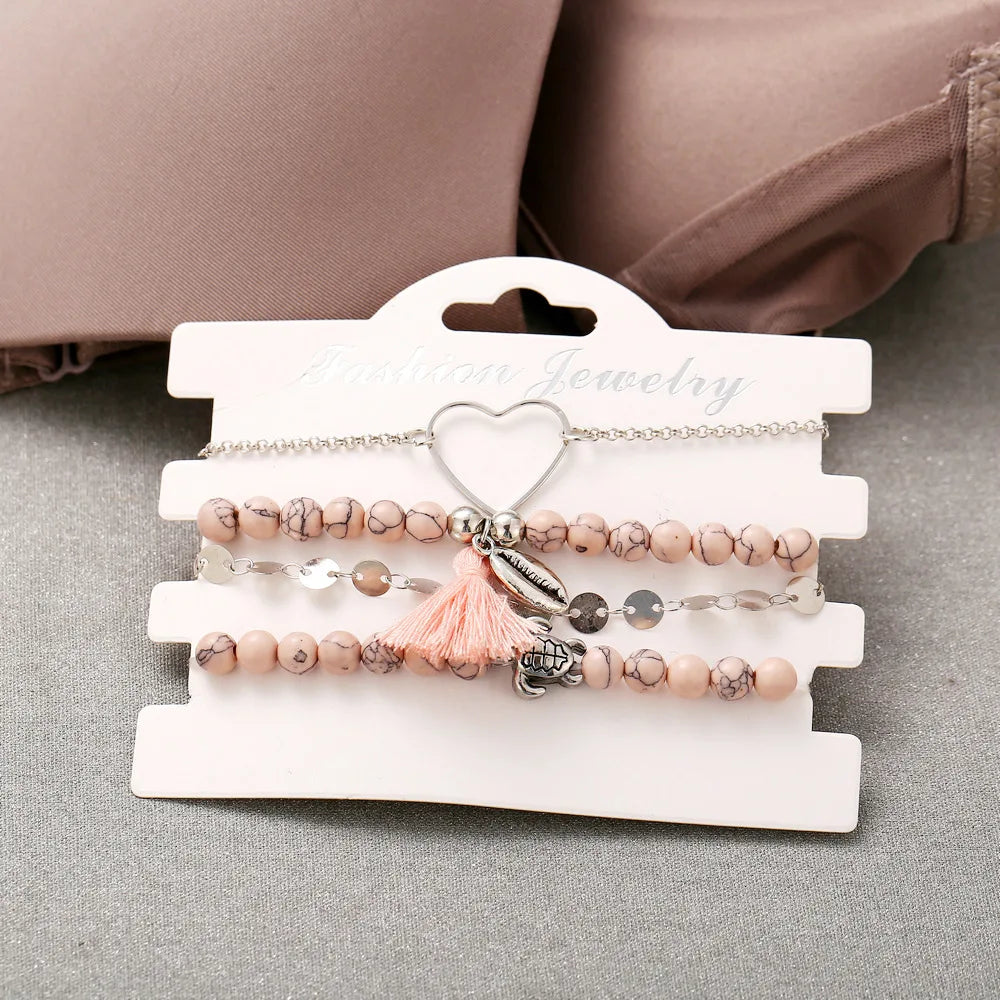 Boho Armreif für Frauen Schildkröte Elefant Herz Muschel Stern Mond Pfeil Karte Kristall Charms Perlen Armband Set Böhmischer Schmuck