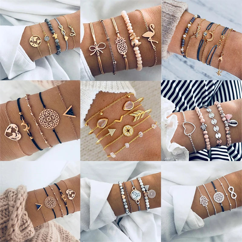 Boho Armreif für Frauen Schildkröte Elefant Herz Muschel Stern Mond Pfeil Karte Kristall Charms Perlen Armband Set Böhmischer Schmuck