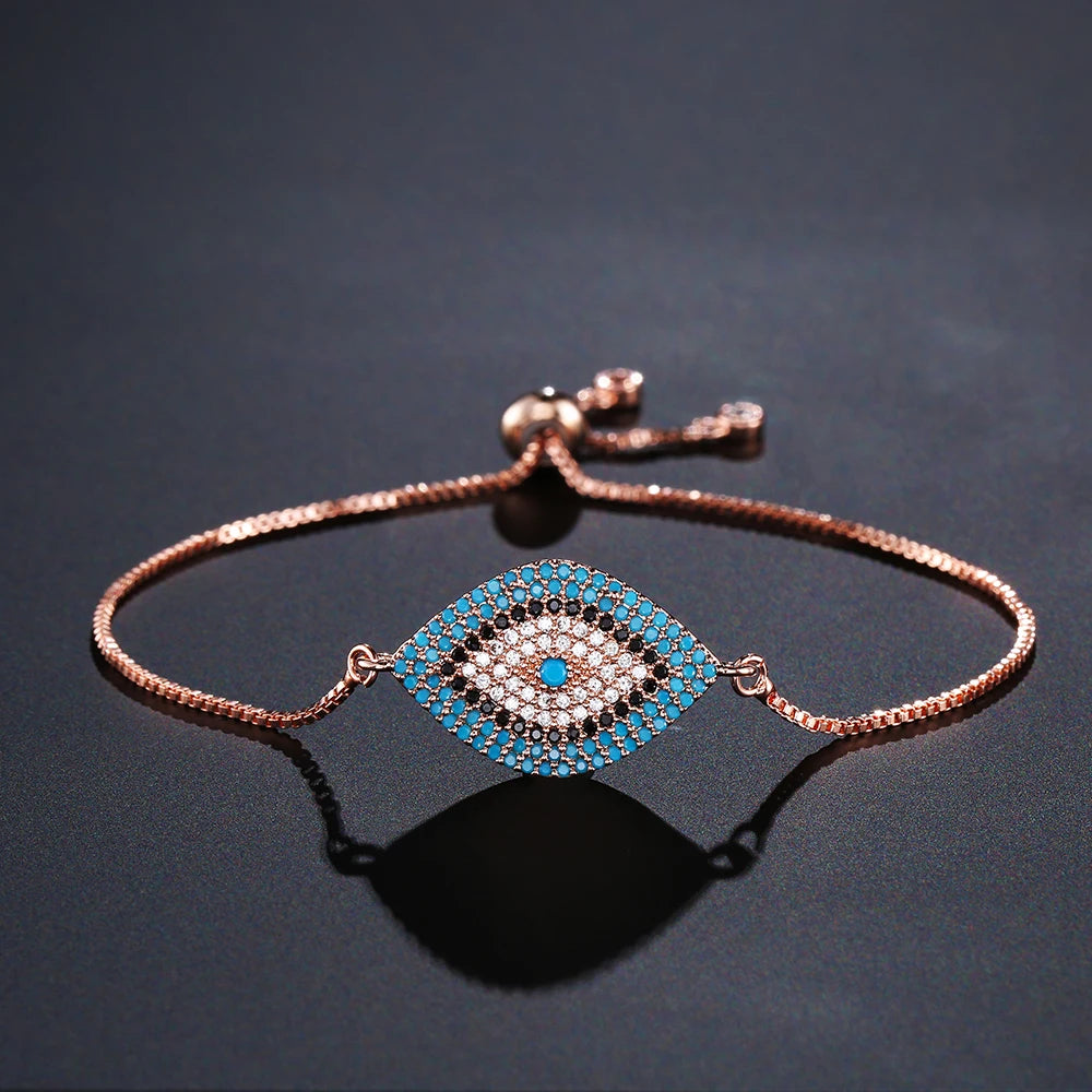 NEWBUY 2026 Trendiges türkisches goldfarbenes Armband mit bösem Blick, verstellbar, AAA-Zirkonia-Pflasterung, Glücksschmuck für Damen, Partygeschenk