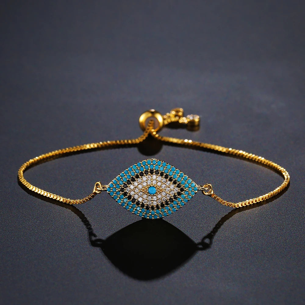 NEWBUY 2026 Trendiges türkisches goldfarbenes Armband mit bösem Blick, verstellbar, AAA-Zirkonia-Pflasterung, Glücksschmuck für Damen, Partygeschenk