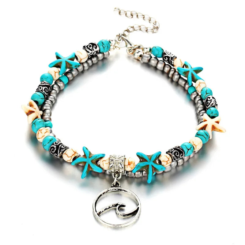 Bohemia Fußkettchen für Damen Muschel Seestern Schildkröte Baum des Lebens Elefant Sandalen Schuhe Barfuß Strand Fußkettchen Fußschmuck
