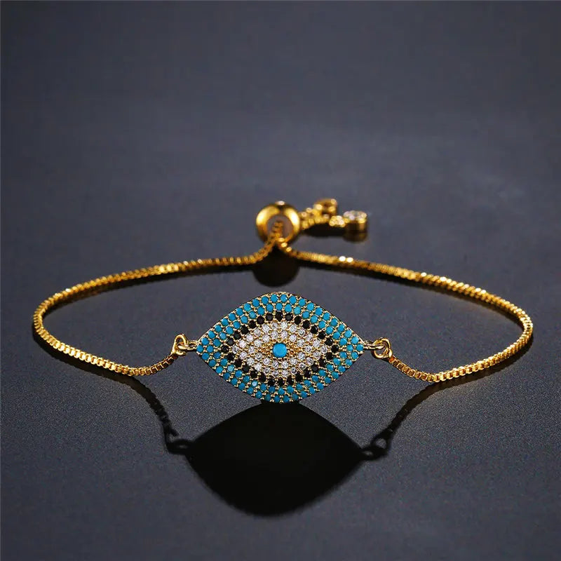 NEWBUY 2026 Trendiges türkisches goldfarbenes Armband mit bösem Blick, verstellbar, AAA-Zirkonia-Pflasterung, Glücksschmuck für Damen, Partygeschenk