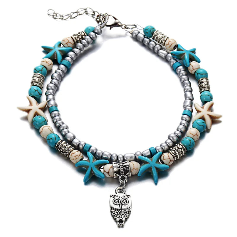 Bohemia Fußkettchen für Damen Muschel Seestern Schildkröte Baum des Lebens Elefant Sandalen Schuhe Barfuß Strand Fußkettchen Fußschmuck
